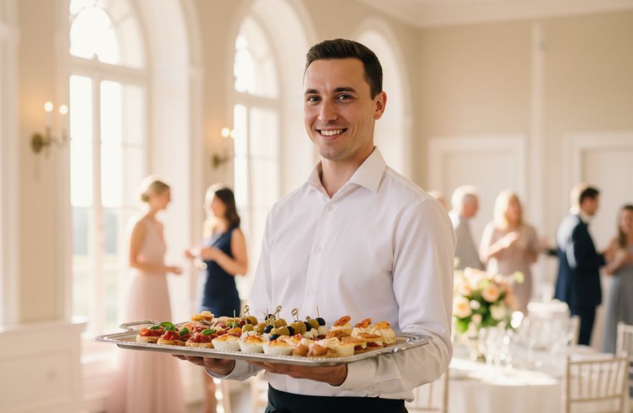 Obsluha časníkom počas cateringu. Catering a služby naviac.